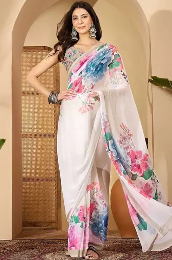 White floral printed  georgette saree with unstiched blouse piece