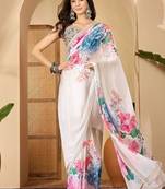 White floral printed  georgette saree with unstiched blouse piece