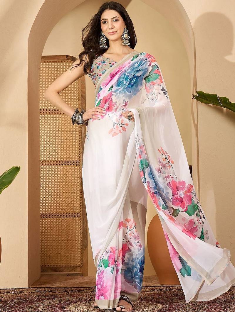 White floral printed  georgette saree with unstiched blouse piece