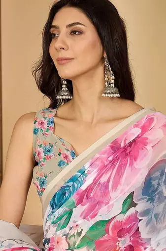 White floral printed  georgette saree with unstiched blouse piece