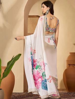 White floral printed  georgette saree with unstiched blouse piece 3