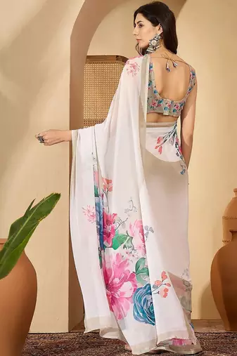 White floral printed  georgette saree with unstiched blouse piece