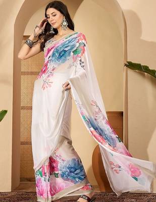 White floral printed  georgette saree with unstiched blouse piece 4
