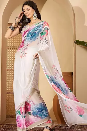 White floral printed  georgette saree with unstiched blouse piece