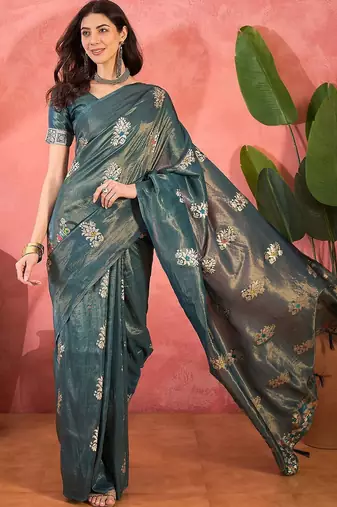 Teal woven design banarasi saree with blouse piece