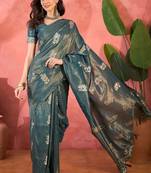 Teal woven design banarasi saree with blouse piece