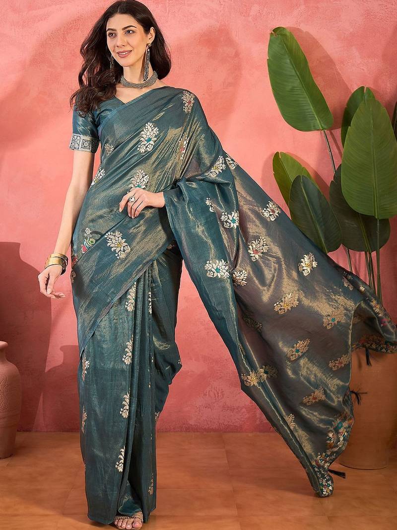Teal woven design banarasi saree with blouse piece