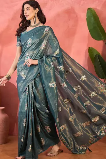 Teal woven design banarasi saree with blouse piece