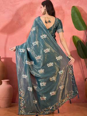Teal woven design banarasi saree with blouse piece 3