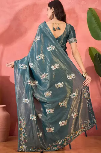 Teal woven design banarasi saree with blouse piece