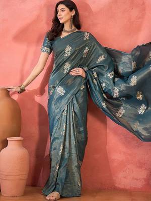 Teal woven design banarasi saree with blouse piece 4