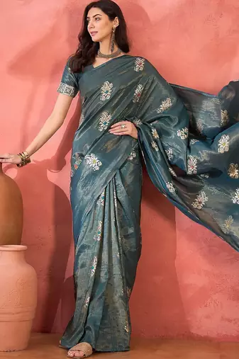 Teal woven design banarasi saree with blouse piece