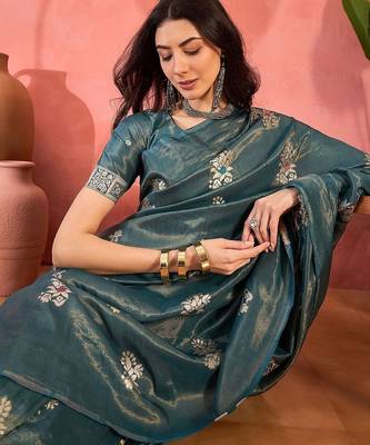 Teal woven design banarasi saree with blouse piece 5