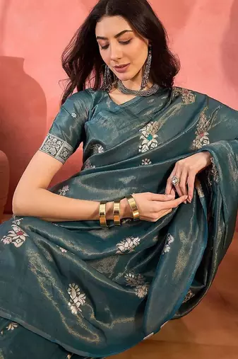 Teal woven design banarasi saree with blouse piece