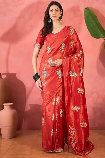 Red woven design banarasi saree with blouse piece