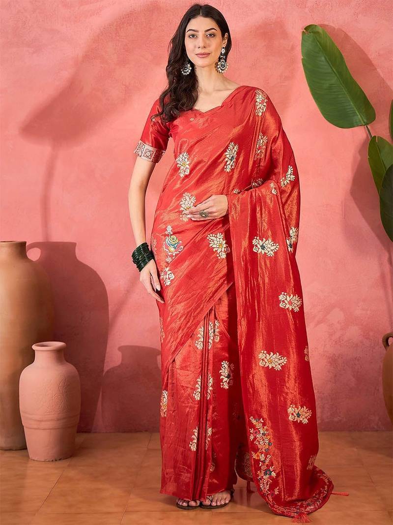 Red woven design banarasi saree with blouse piece