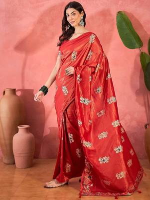Red woven design banarasi saree with blouse piece 2