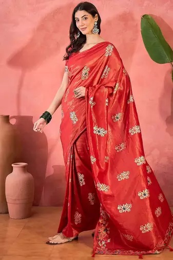 Red woven design banarasi saree with blouse piece