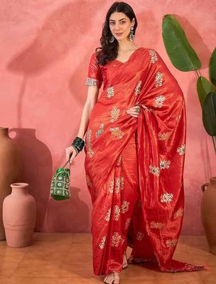 Red woven design banarasi saree with blouse piece 4
