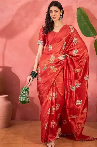 Red woven design banarasi saree with blouse piece