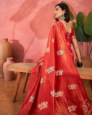 Red woven design banarasi saree with blouse piece 5