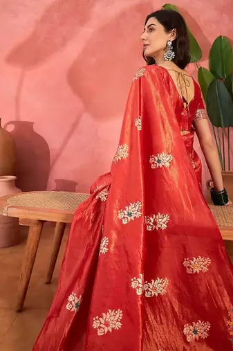 Red woven design banarasi saree with blouse piece