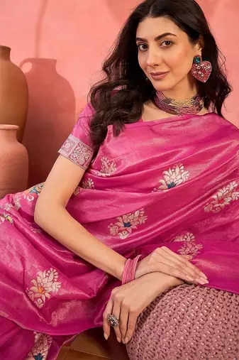 Pink floral woven design zari kanjeevaram saree