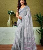 Grey dabu printed  linen ready to wear saree with unstitched blouse