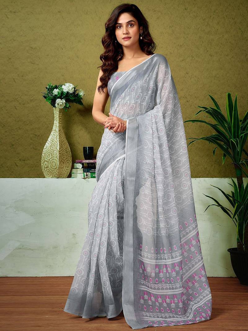 Grey dabu printed  linen ready to wear saree with unstitched blouse