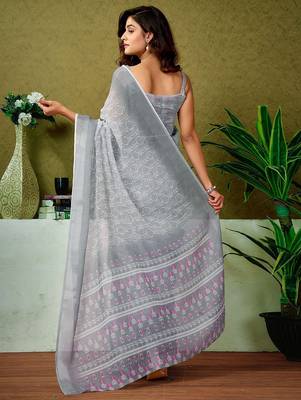 Grey dabu printed  linen ready to wear saree with unstitched blouse 2
