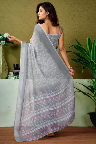 Grey dabu printed  linen ready to wear saree with unstitched blouse