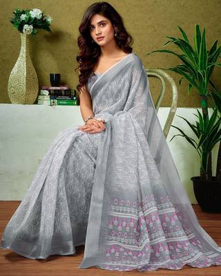 Grey dabu printed  linen ready to wear saree with unstitched blouse 3