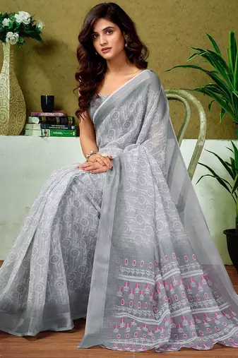 Grey dabu printed  linen ready to wear saree with unstitched blouse