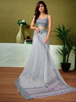 Grey dabu printed  linen ready to wear saree with unstitched blouse 4