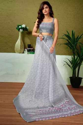 Grey dabu printed  linen ready to wear saree with unstitched blouse