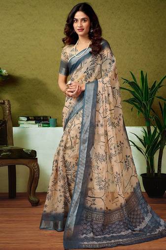Cream dabu printed  linen ready to wear saree with unstitched blouse