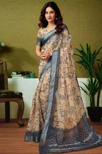 Cream dabu printed  linen ready to wear saree with unstitched blouse