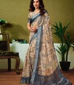 Cream dabu printed  linen ready to wear saree with unstitched blouse