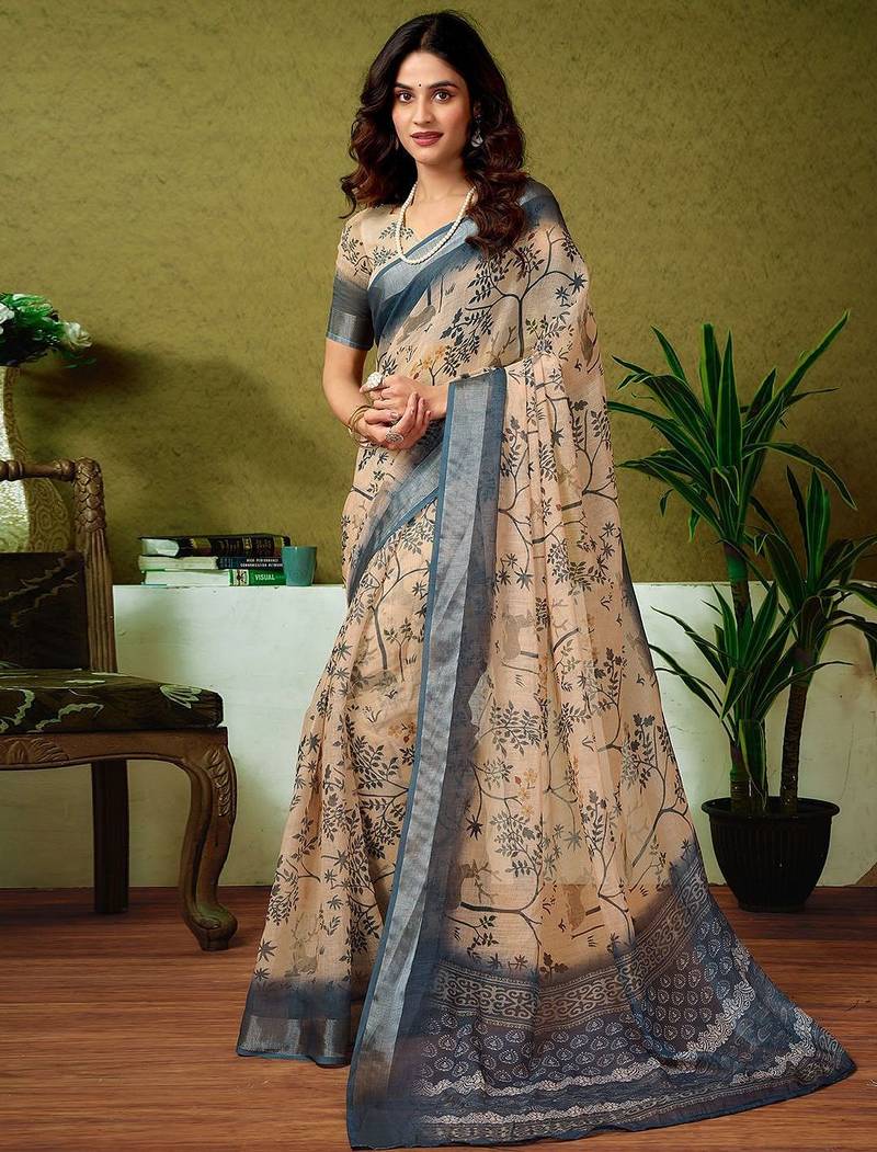 Cream dabu printed  linen ready to wear saree with unstitched blouse