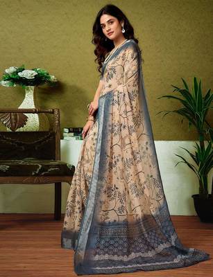 Cream dabu printed  linen ready to wear saree with unstitched blouse 2