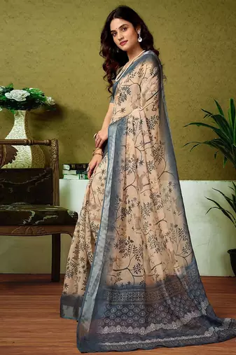 Cream dabu printed  linen ready to wear saree with unstitched blouse