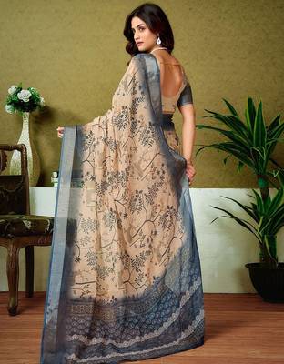 Cream dabu printed  linen ready to wear saree with unstitched blouse 3