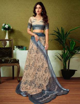 Cream dabu printed  linen ready to wear saree with unstitched blouse 4