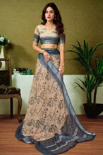 Cream dabu printed  linen ready to wear saree with unstitched blouse