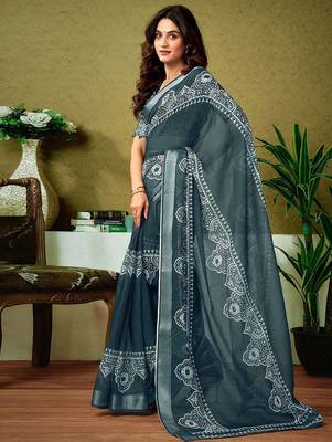 Grey dabu printed  linen ready to wear saree with unstitched blouse 1