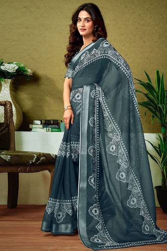 Grey dabu printed  linen ready to wear saree with unstitched blouse