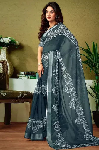 Grey dabu printed  linen ready to wear saree with unstitched blouse