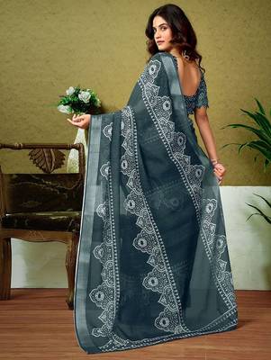 Grey dabu printed  linen ready to wear saree with unstitched blouse 2