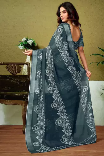 Grey dabu printed  linen ready to wear saree with unstitched blouse