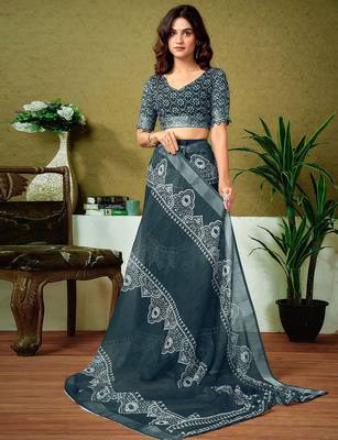 Grey dabu printed  linen ready to wear saree with unstitched blouse 3